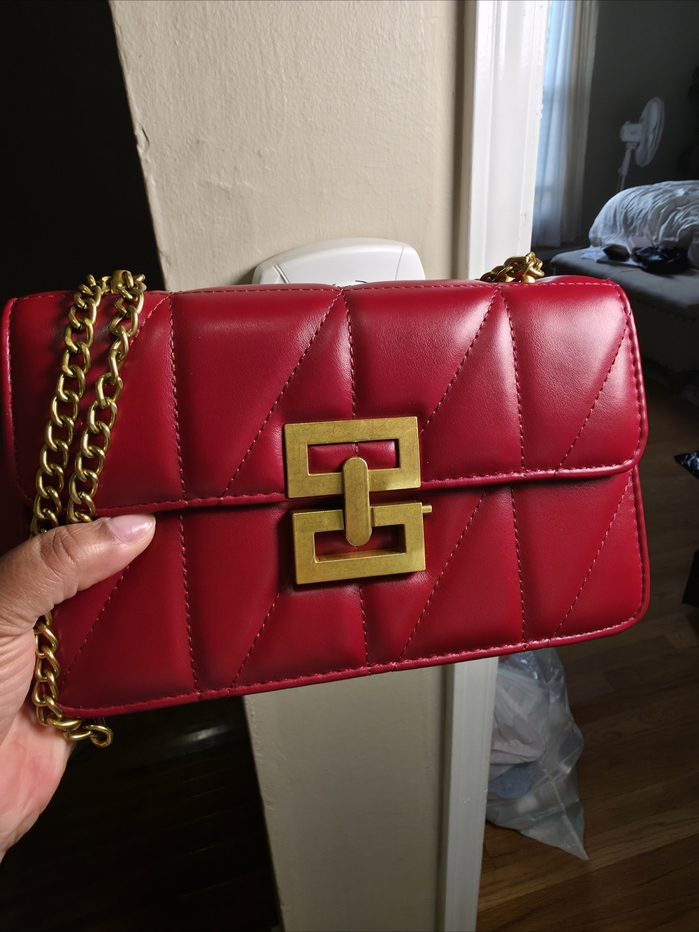 Quilted Red Leather Chain Shoulder Bag